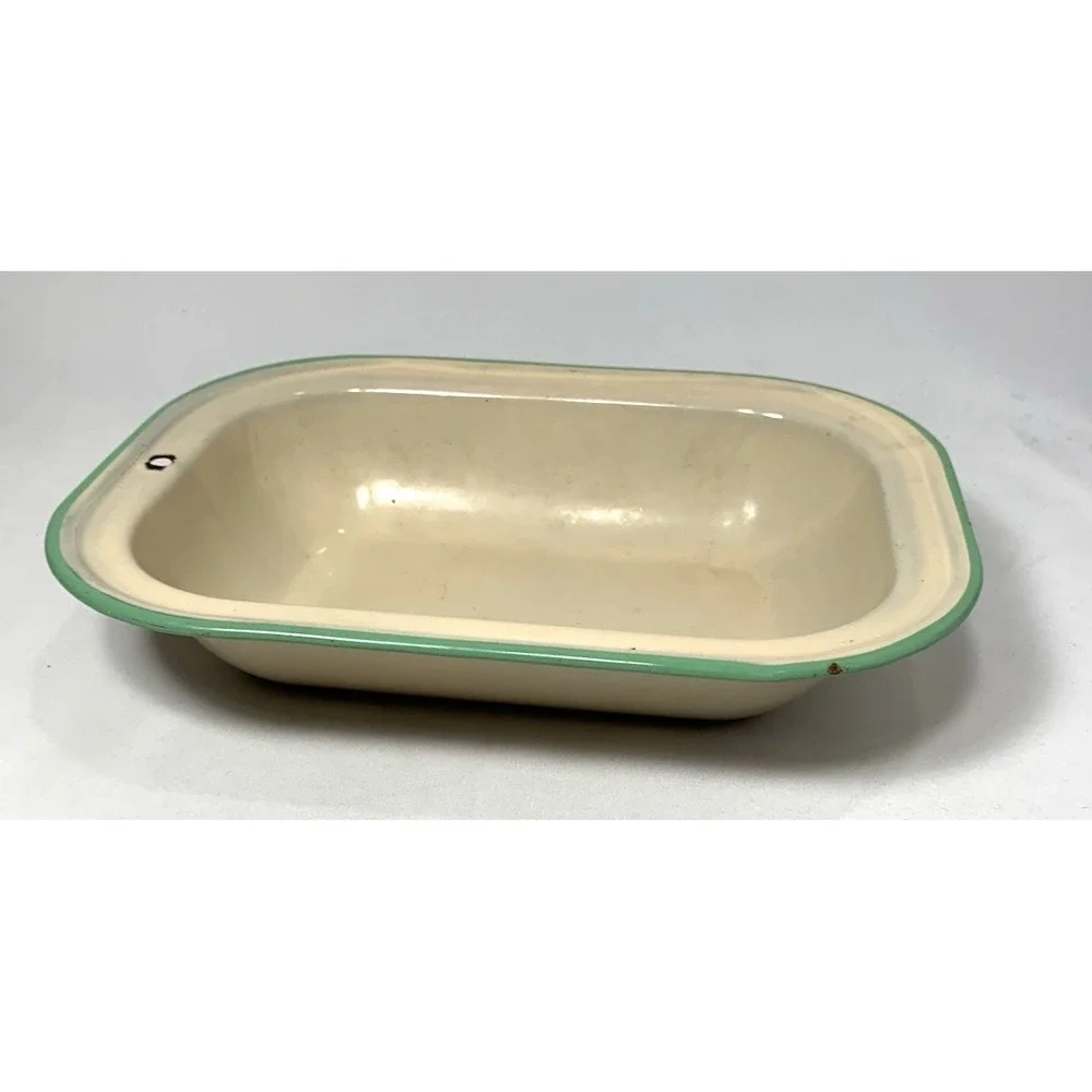 Enamelware Pan Beige Small Green Trim Farmhouse‎ Cottagecore 9.5